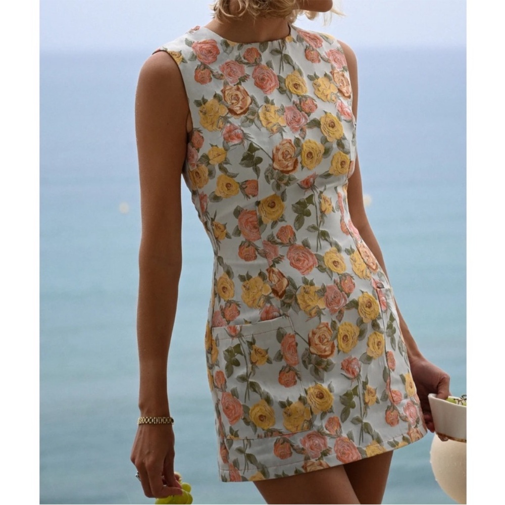 YLLW The Label Esti Mini Dress‎ Citrus Floral Short Sleeve Pockets Large